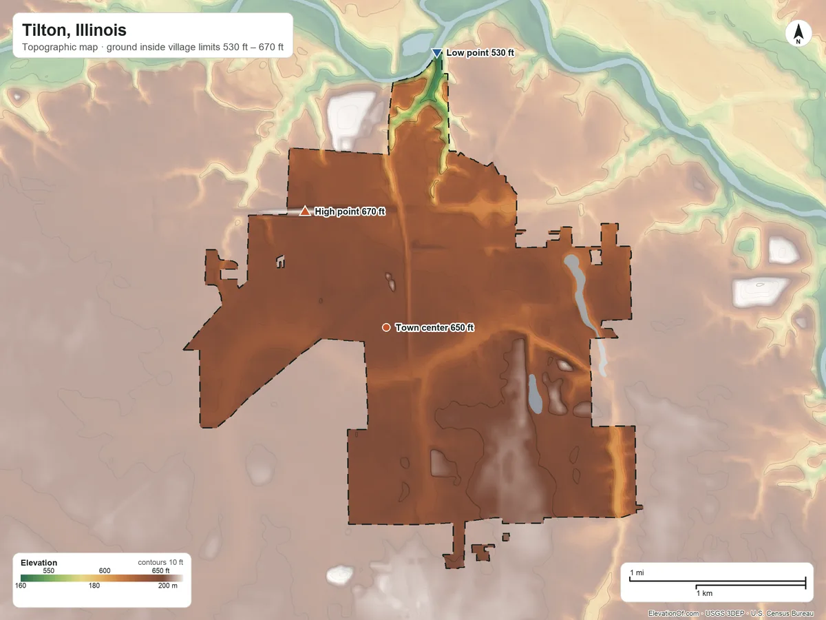 Topographic elevation map of Tilton, Illinois, shaded from 530 ft on the north side to 670 ft on the northwest side