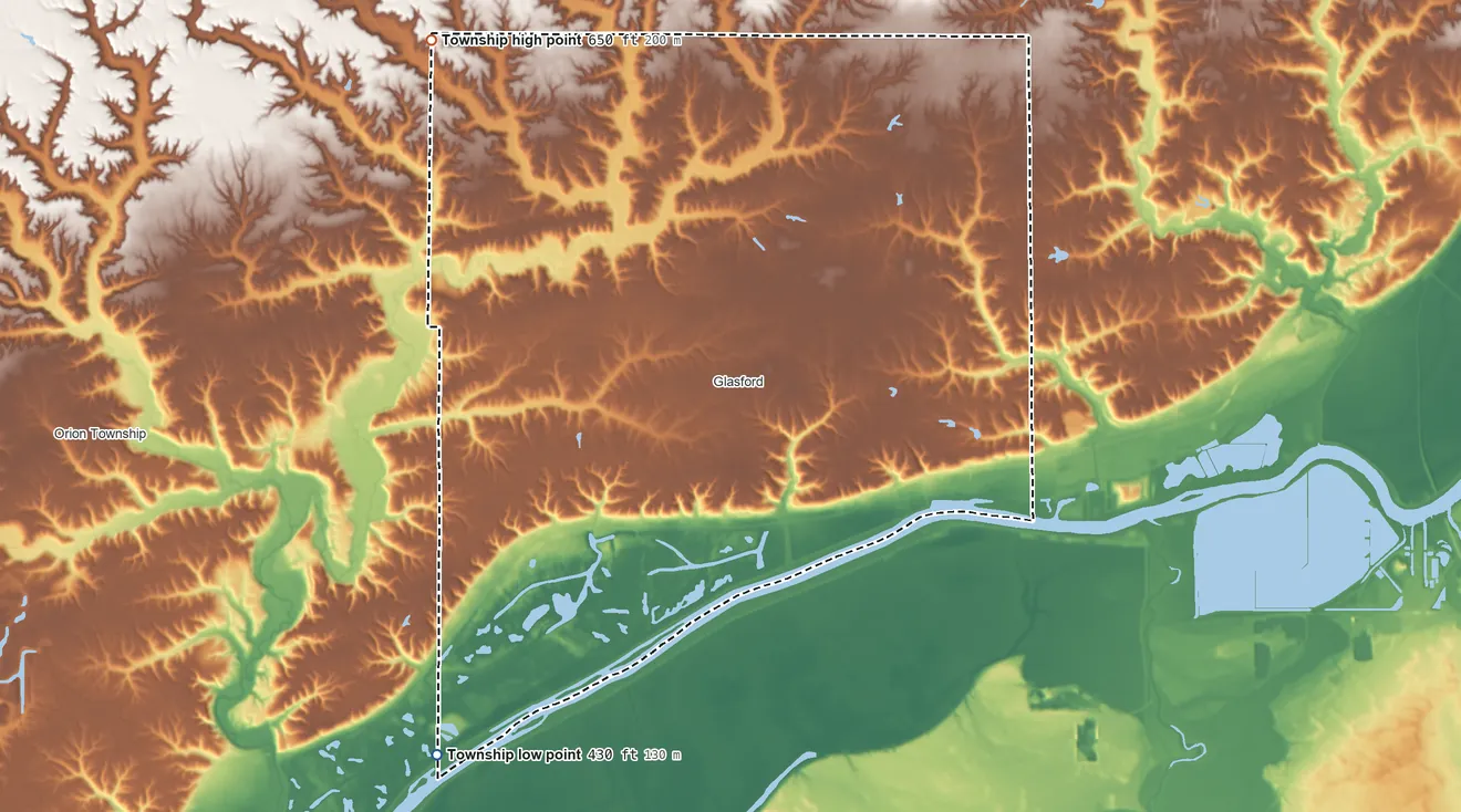 Topographic elevation map of Timber Township, Illinois, shaded from 430 ft on the southwest side to 650 ft on the northwest side