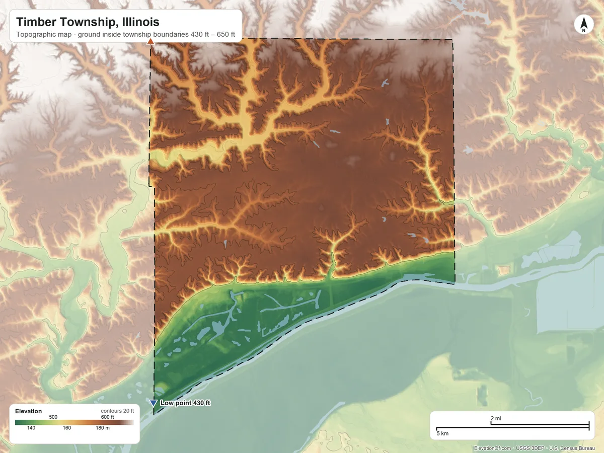 Topographic elevation map of Timber Township, Illinois, shaded from 430 ft on the southwest side to 650 ft on the northwest side