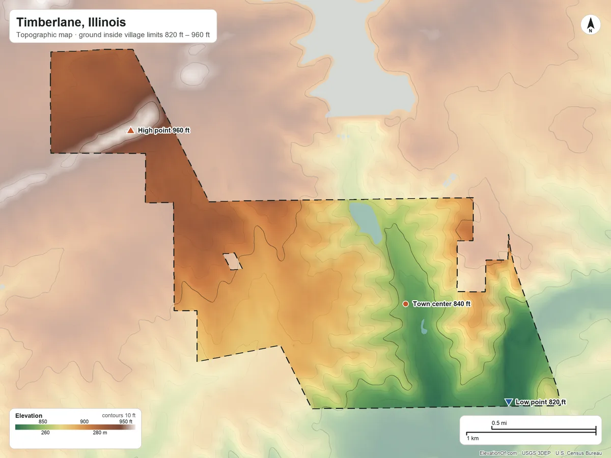 Topographic elevation map of Timberlane, Illinois, shaded from 820 ft on the southeast side to 960 ft on the northwest side