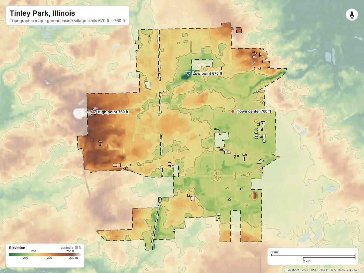 Topographic elevation map of Tinley Park, Illinois, shaded from 670 ft on the northwest side to 760 ft on the west side