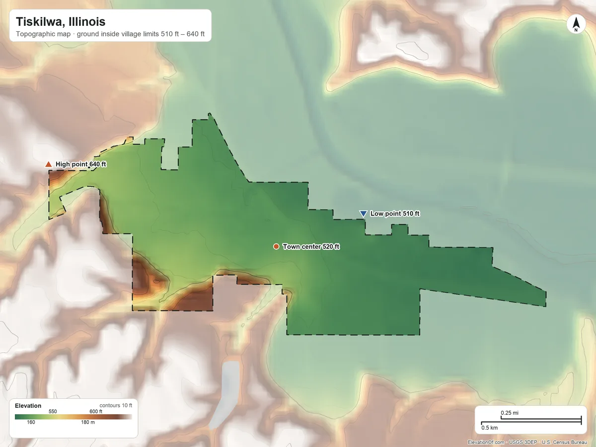 Topographic elevation map of Tiskilwa, Illinois, shaded from 510 ft on the east side to 640 ft on the west side