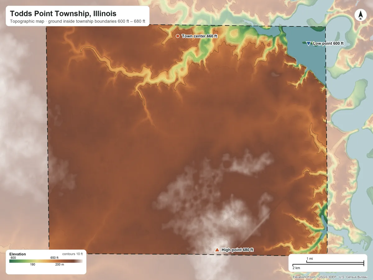 Topographic elevation map of Todds Point Township, Illinois, shaded from 600 ft on the east side to 680 ft on the south side