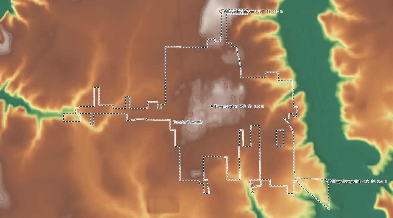 Topographic elevation map of Toledo, Illinois, shaded from 570 ft on the southeast side to 600 ft on the north side