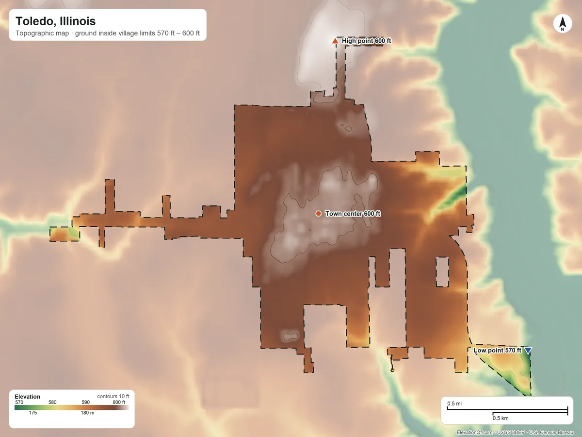 Topographic elevation map of Toledo, Illinois, shaded from 570 ft on the southeast side to 600 ft on the north side