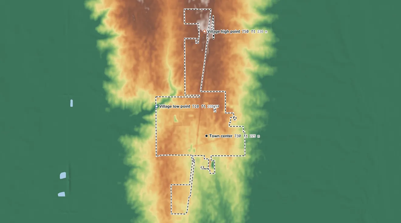 Topographic elevation map of Tolono, Illinois, shaded from 710 ft on the northwest side to 750 ft on the north side