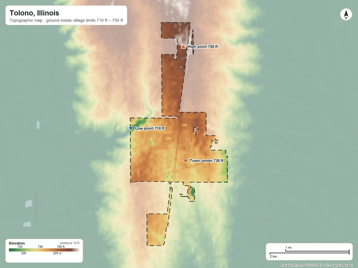 Topographic elevation map of Tolono, Illinois, shaded from 710 ft on the northwest side to 750 ft on the north side