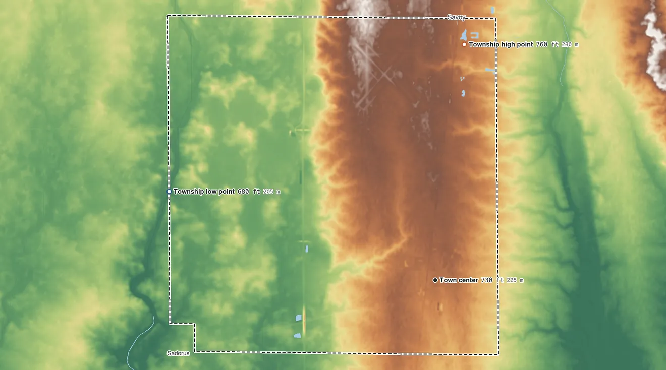 Topographic elevation map of Tolono Township, Illinois, shaded from 680 ft on the west side to 760 ft on the north side