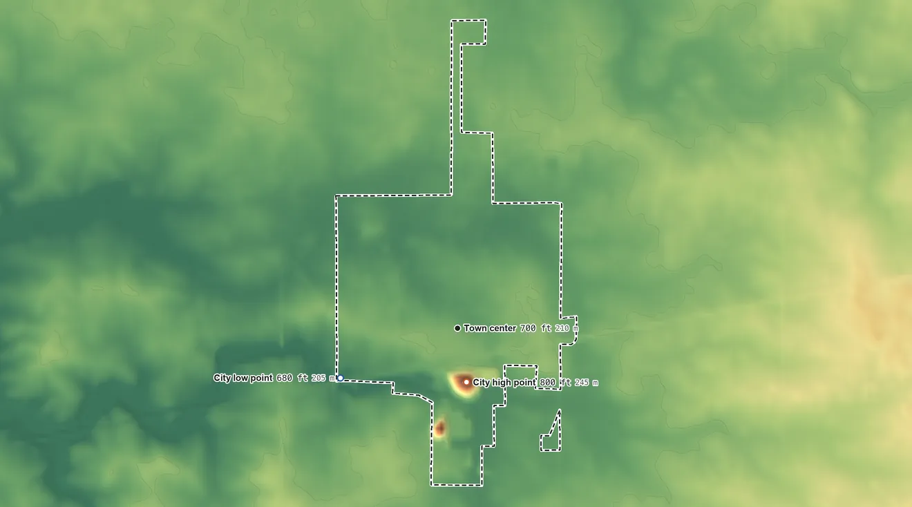 Topographic elevation map of Toluca, Illinois, shaded from 680 ft on the southwest side to 800 ft on the south side