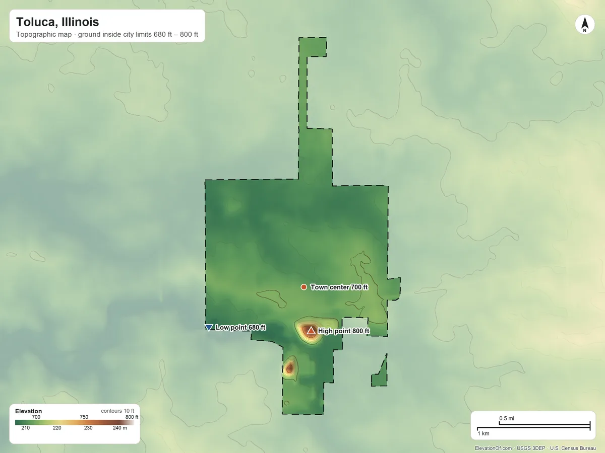 Topographic elevation map of Toluca, Illinois, shaded from 680 ft on the southwest side to 800 ft on the south side