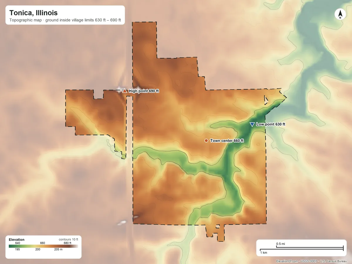 Topographic elevation map of Tonica, Illinois, shaded from 630 ft on the east side to 690 ft on the northwest side