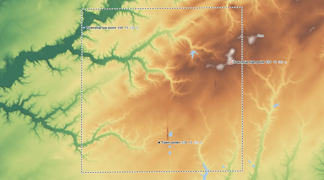 Topographic elevation map of Tonti Township, Illinois, shaded from 490 ft on the northwest side to 650 ft on the northeast side