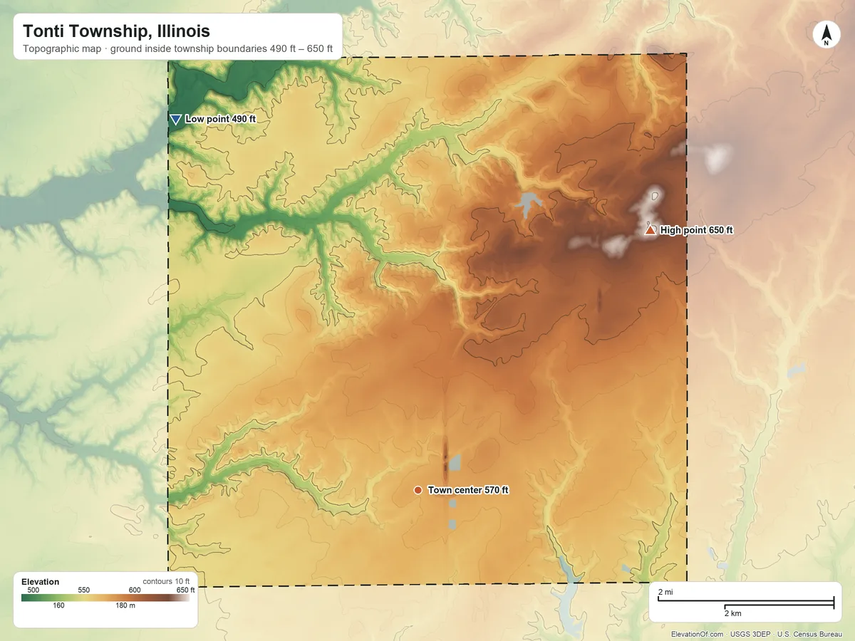 Topographic elevation map of Tonti Township, Illinois, shaded from 490 ft on the northwest side to 650 ft on the northeast side