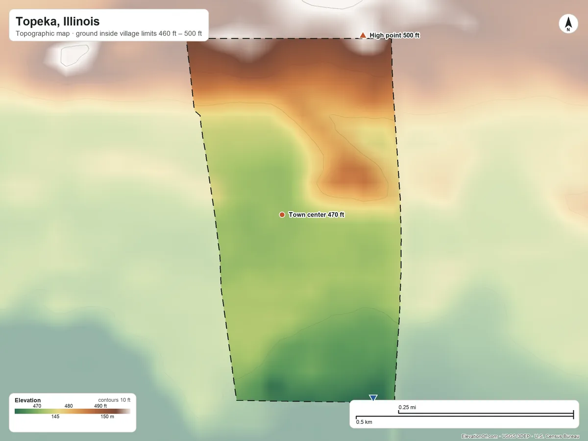 Topographic elevation map of Topeka, Illinois, shaded from 460 ft on the southeast side to 500 ft on the northeast side
