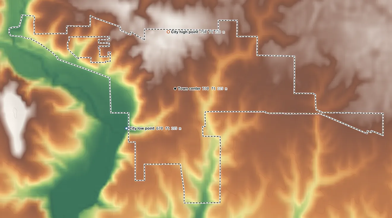Topographic elevation map of Toulon, Illinois, shaded from 670 ft on the southwest side to 750 ft on the north side