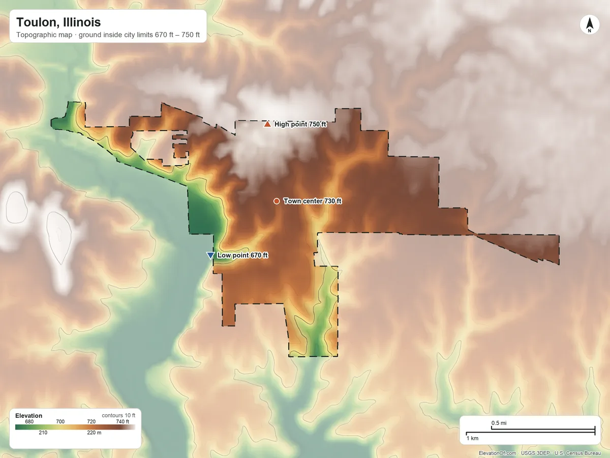 Topographic elevation map of Toulon, Illinois, shaded from 670 ft on the southwest side to 750 ft on the north side