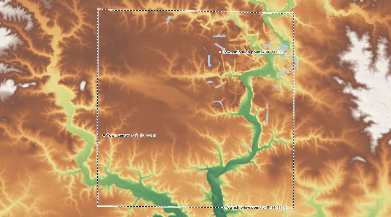 Topographic elevation map of Toulon Township, Illinois, shaded from 640 ft on the southeast side to 780 ft on the northeast side