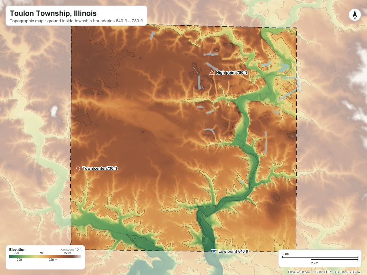 Topographic elevation map of Toulon Township, Illinois, shaded from 640 ft on the southeast side to 780 ft on the northeast side