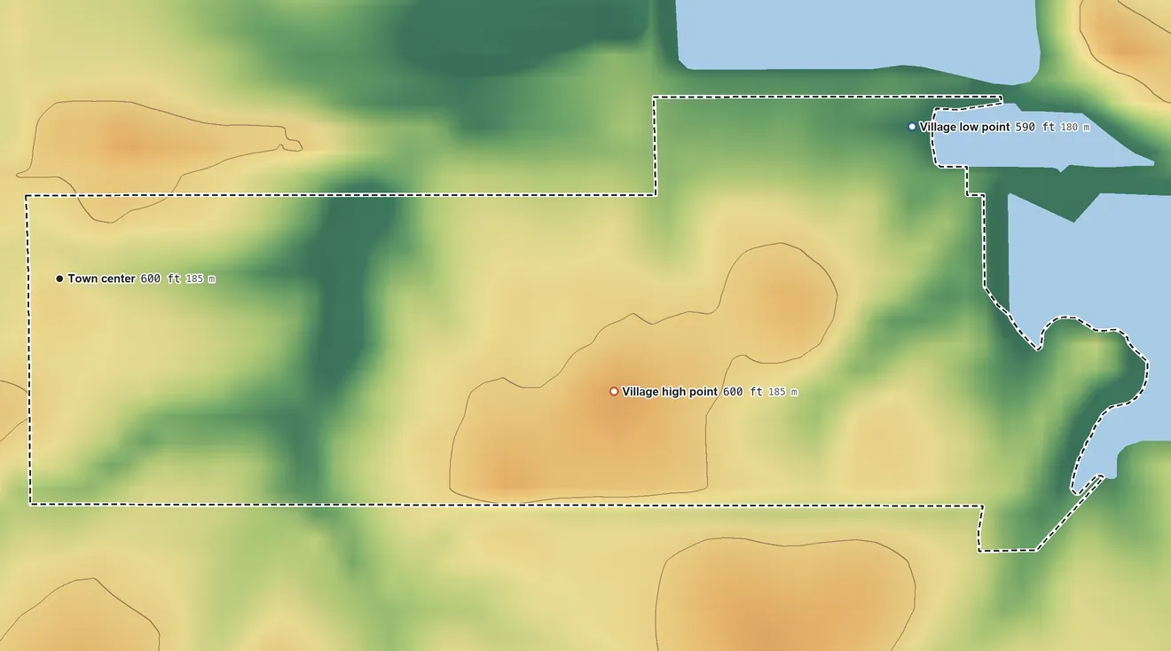 Topographic elevation map of Tovey, Illinois, shaded from 590 ft on the east side to 600 ft on the east side
