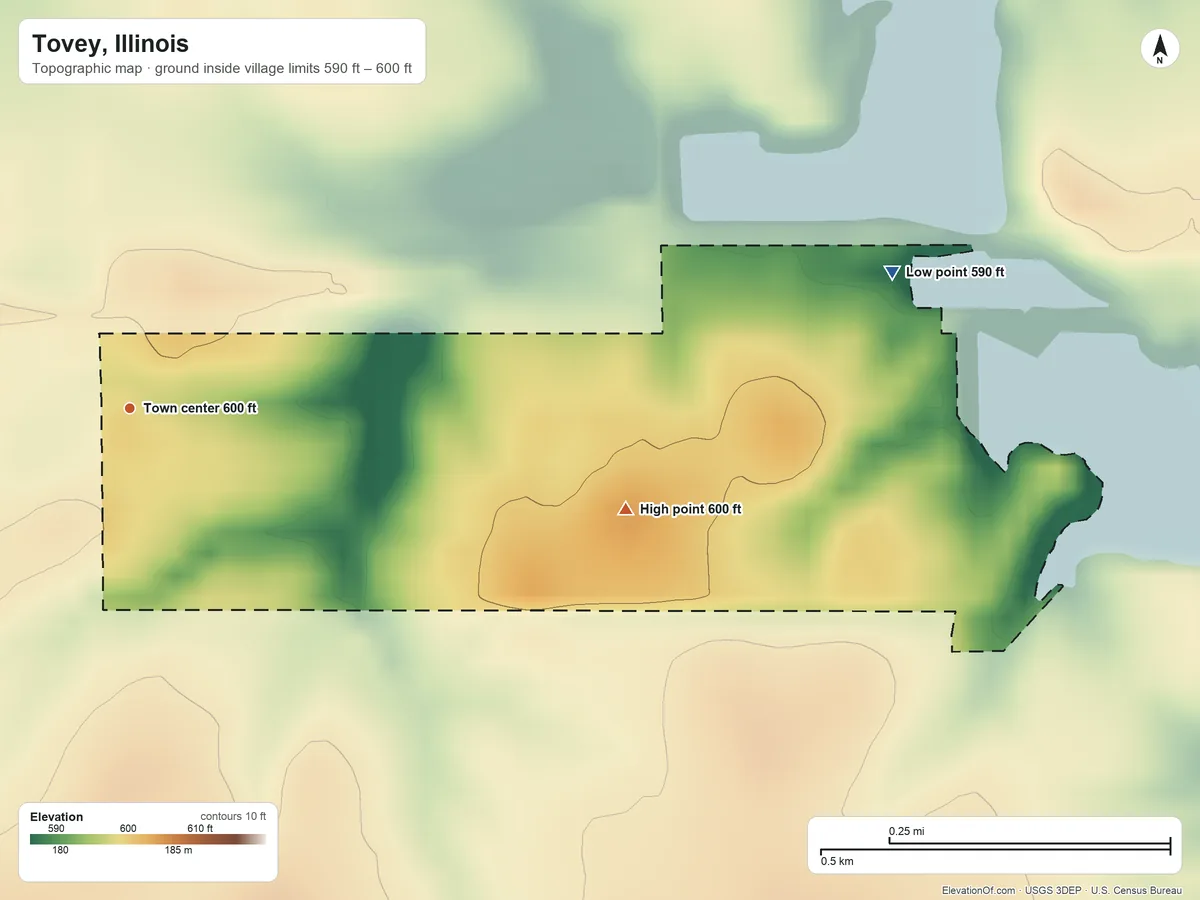Topographic elevation map of Tovey, Illinois, shaded from 590 ft on the east side to 600 ft on the east side