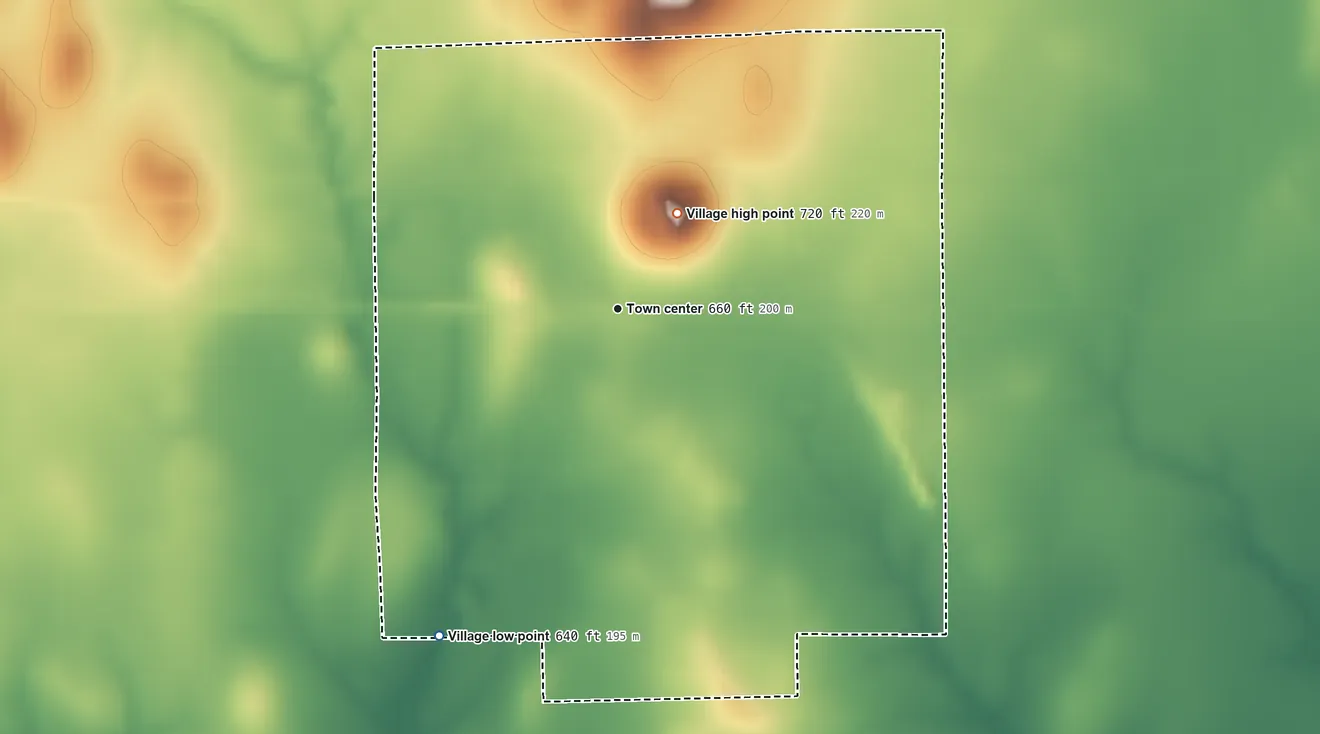 Topographic elevation map of Tower Hill, Illinois, shaded from 640 ft on the southwest side to 720 ft on the northeast side
