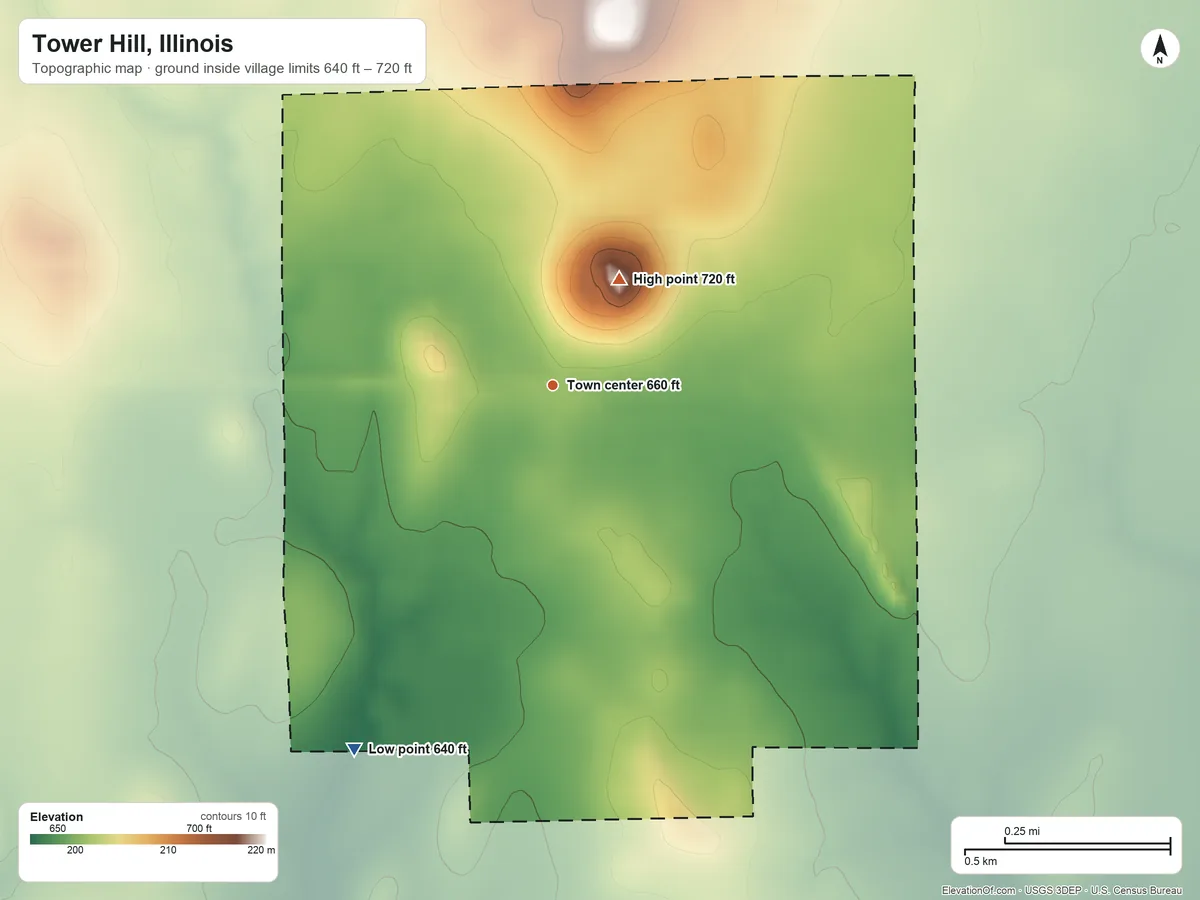 Topographic elevation map of Tower Hill, Illinois, shaded from 640 ft on the southwest side to 720 ft on the northeast side