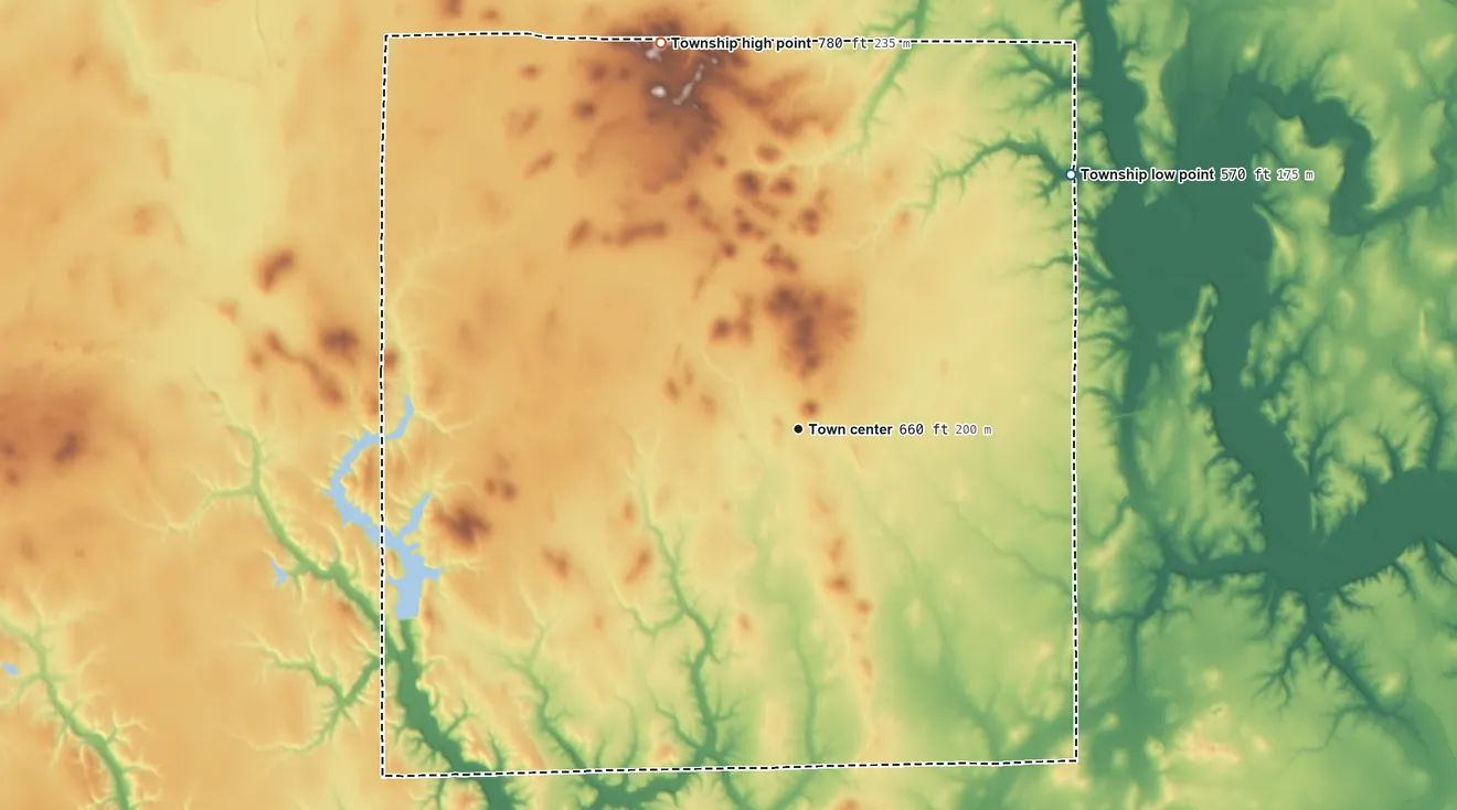 Topographic elevation map of Tower Hill Township, Illinois, shaded from 570 ft on the northeast side to 780 ft on the north side