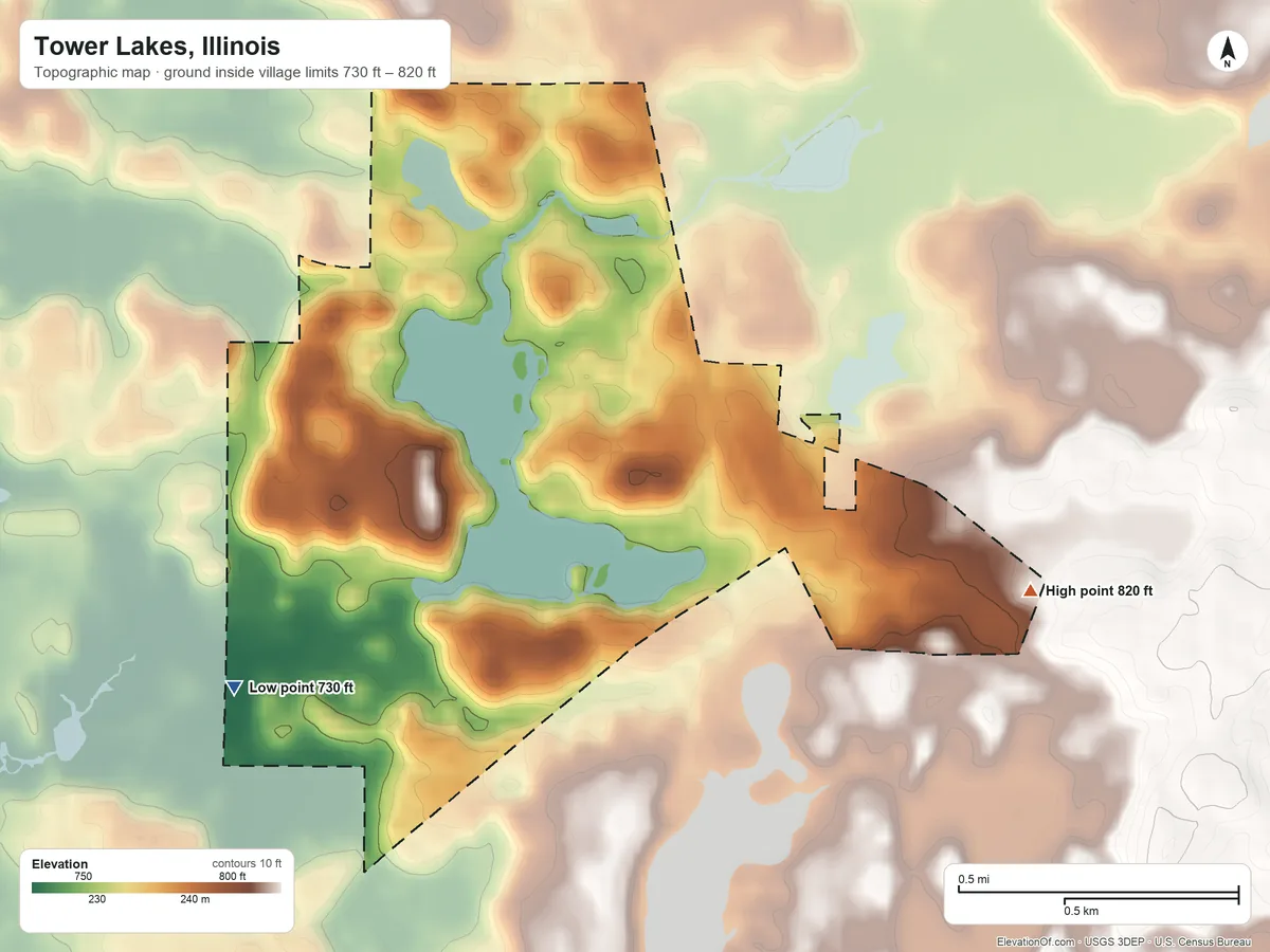Topographic elevation map of Tower Lakes, Illinois, shaded from 730 ft on the southwest side to 820 ft on the east side