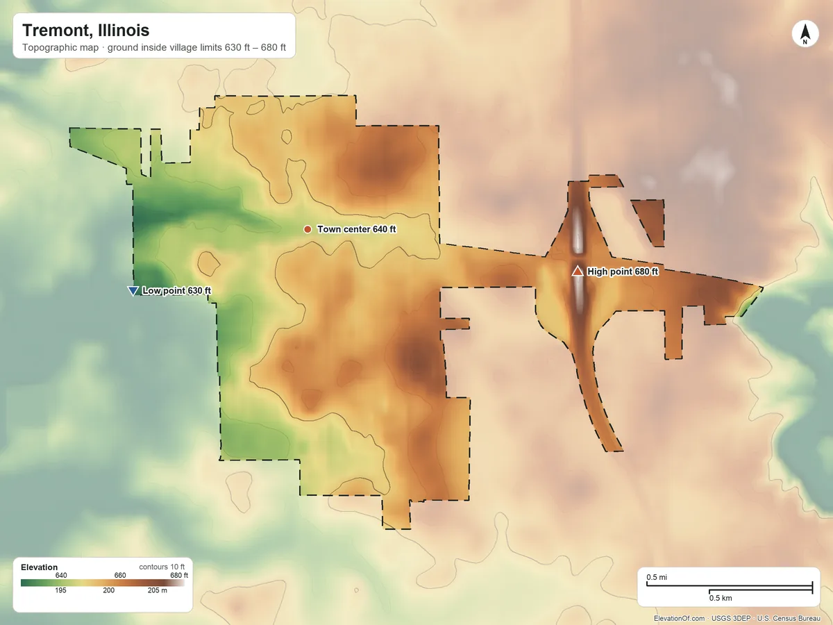 Topographic elevation map of Tremont, Illinois, shaded from 630 ft on the west side to 680 ft on the east side
