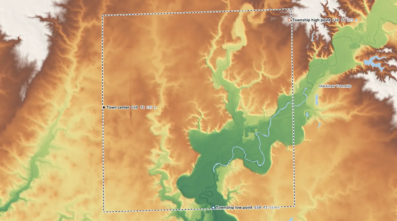 Topographic elevation map of Tremont Township, Illinois, shaded from 550 ft on the southeast side to 740 ft on the northeast side