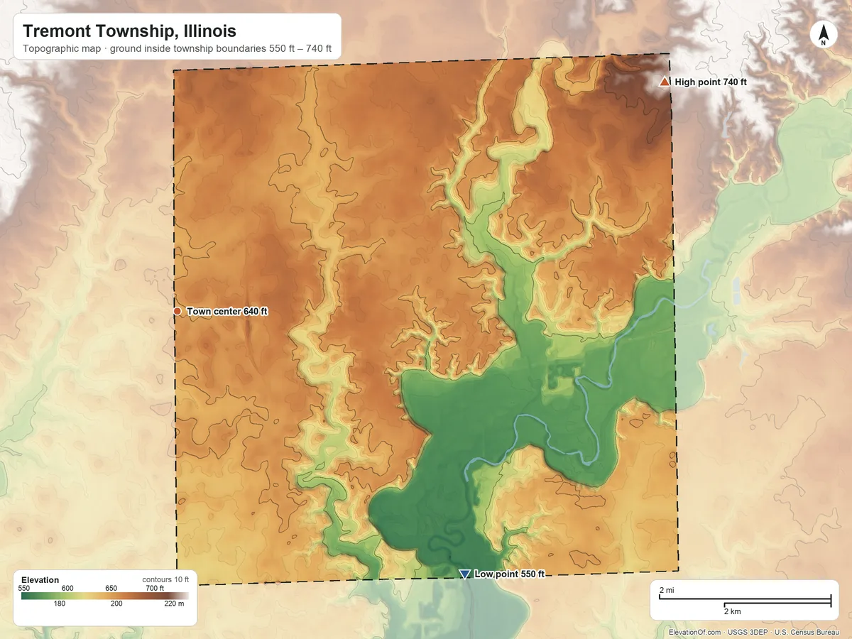 Topographic elevation map of Tremont Township, Illinois, shaded from 550 ft on the southeast side to 740 ft on the northeast side