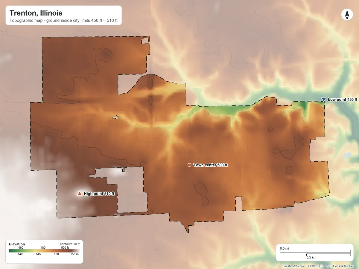 Topographic elevation map of Trenton, Illinois, shaded from 450 ft on the northeast side to 510 ft on the west side