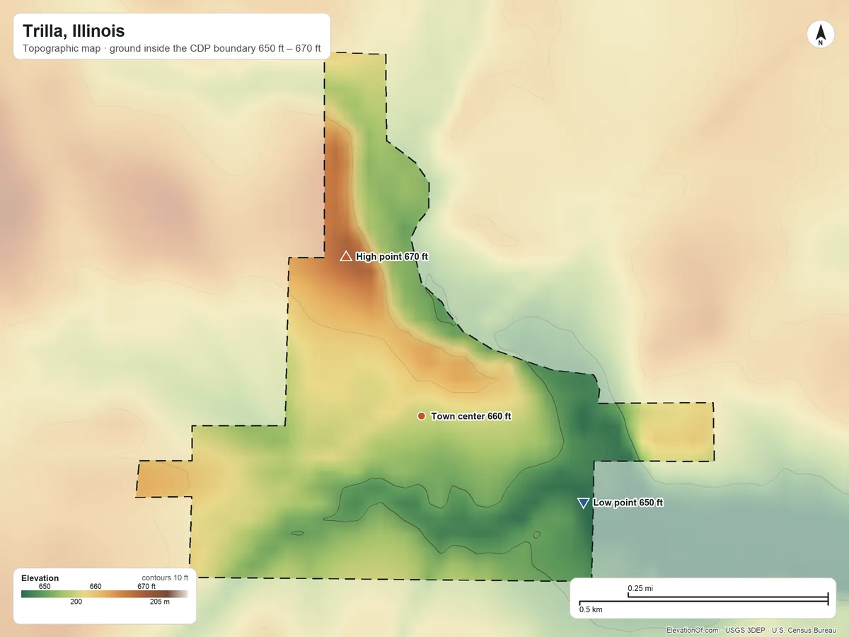 Topographic elevation map of Trilla, Illinois, shaded from 650 ft on the southeast side to 670 ft on the northwest side