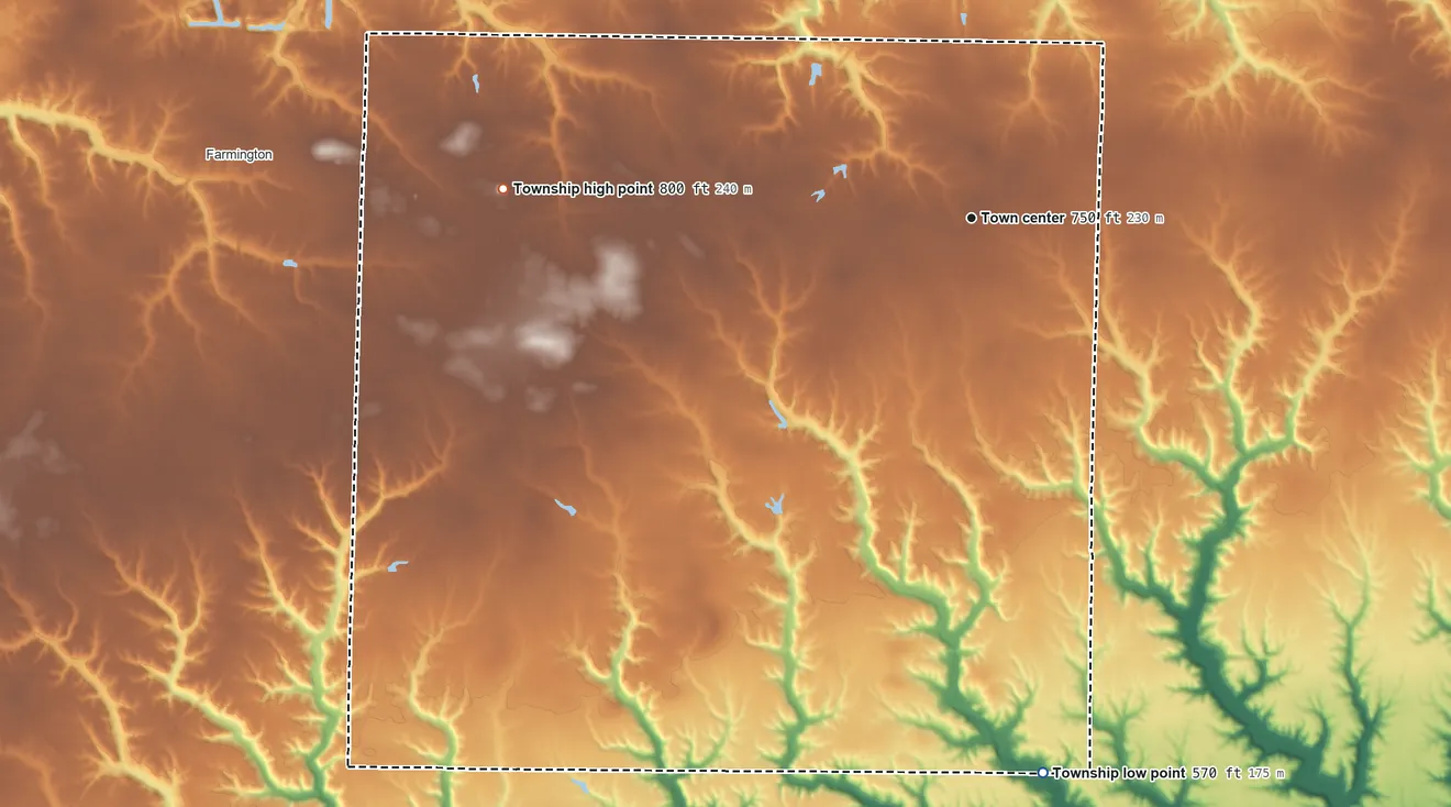 Topographic elevation map of Trivoli Township, Illinois, shaded from 570 ft on the south side to 800 ft on the west side