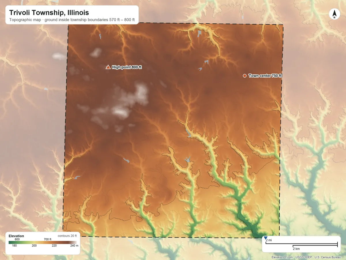 Topographic elevation map of Trivoli Township, Illinois, shaded from 570 ft on the south side to 800 ft on the west side