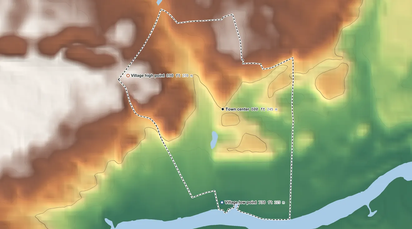 Topographic elevation map of Trout Valley, Illinois, shaded from 730 ft on the south side to 890 ft on the west side