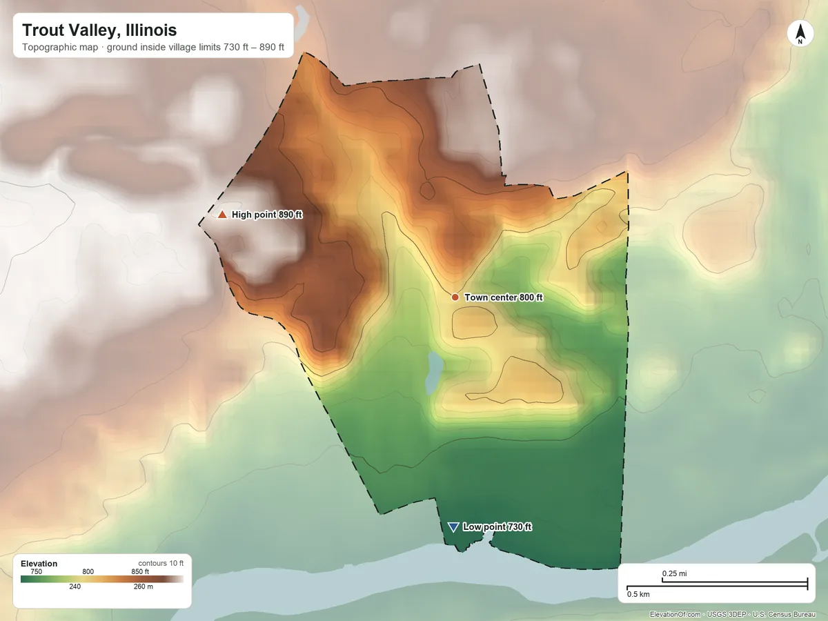 Topographic elevation map of Trout Valley, Illinois, shaded from 730 ft on the south side to 890 ft on the west side