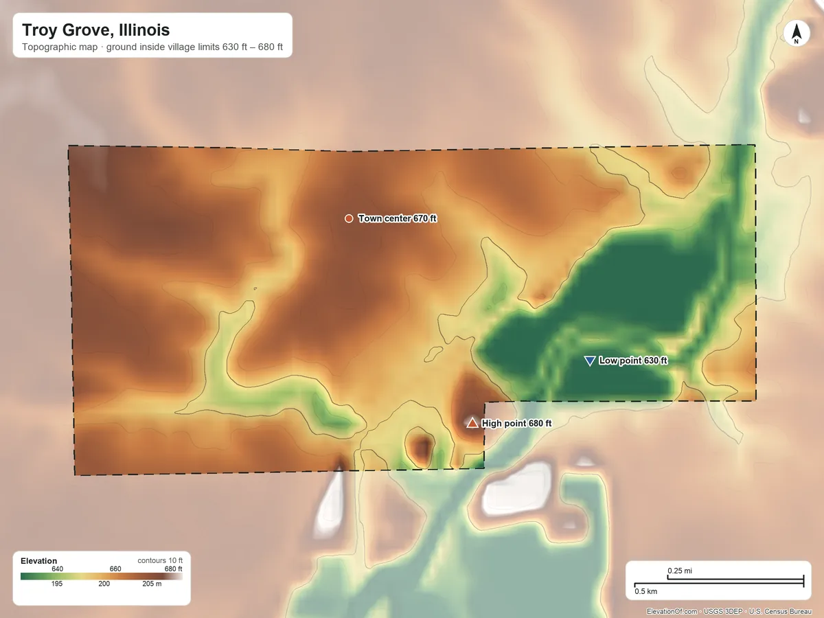 Topographic elevation map of Troy Grove, Illinois, shaded from 630 ft on the southeast side to 680 ft on the southeast side