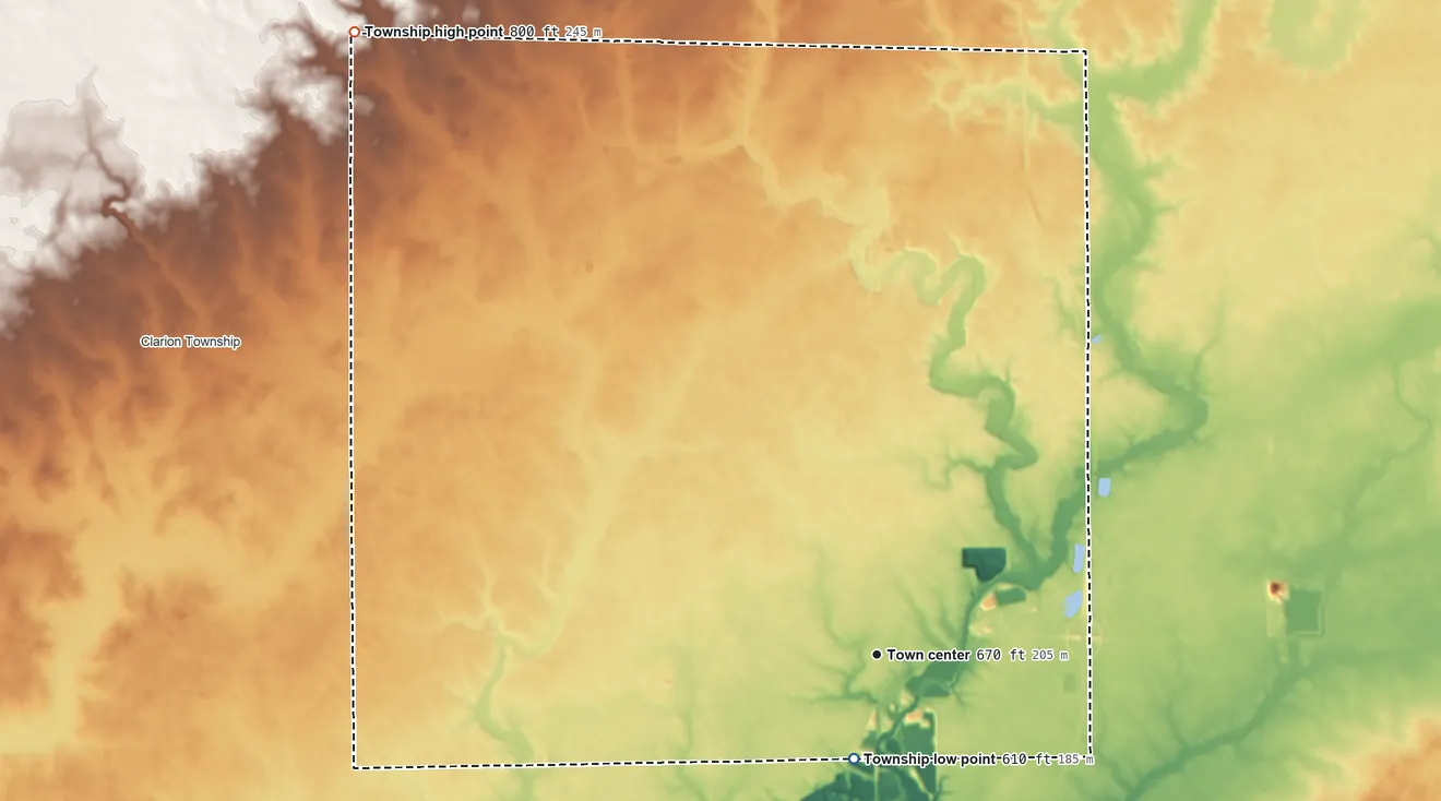 Topographic elevation map of Troy Grove Township, Illinois, shaded from 610 ft on the south side to 800 ft on the northwest side