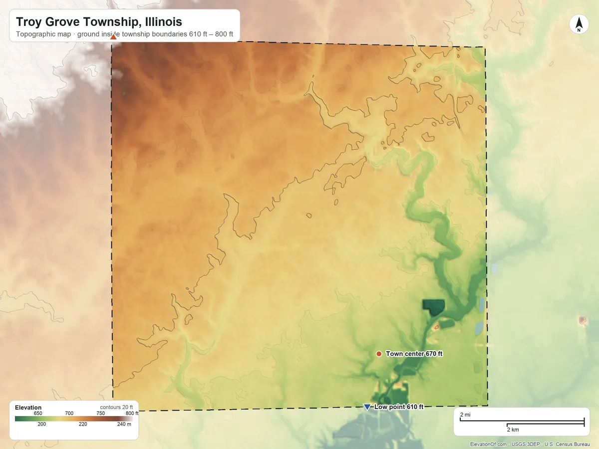 Topographic elevation map of Troy Grove Township, Illinois, shaded from 610 ft on the south side to 800 ft on the northwest side