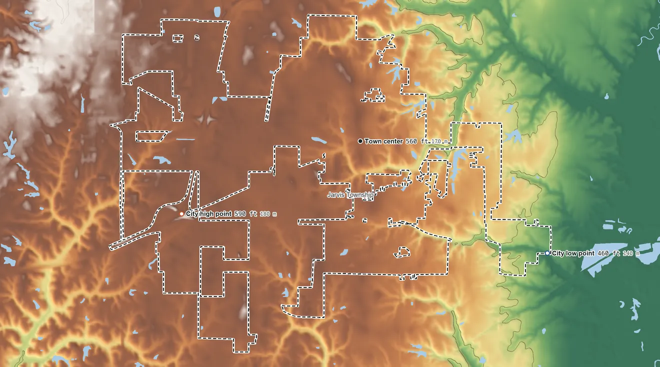 Topographic elevation map of Troy, Illinois, shaded from 460 ft on the southeast side to 590 ft on the west side