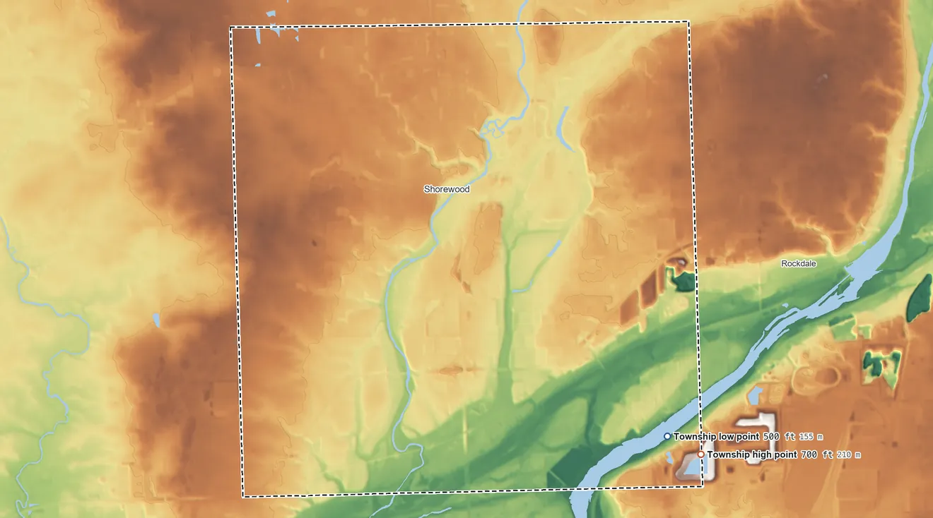 Topographic elevation map of Troy Township, Illinois, shaded from 500 ft on the southeast side to 700 ft on the southeast side