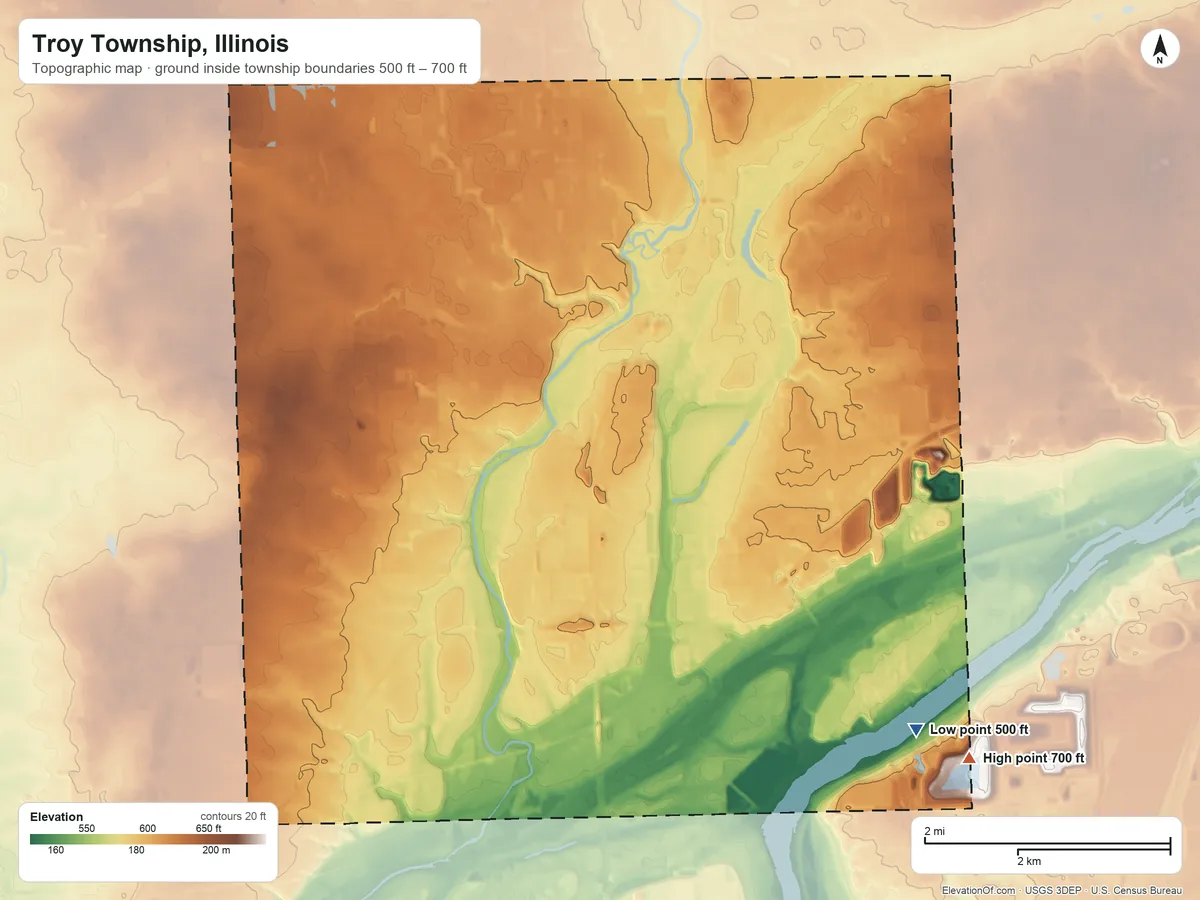 Topographic elevation map of Troy Township, Illinois, shaded from 500 ft on the southeast side to 700 ft on the southeast side