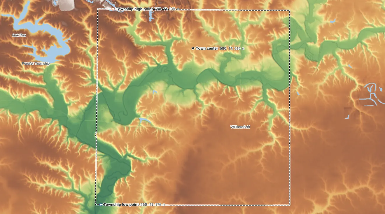 Topographic elevation map of Truro Township, Illinois, shaded from 560 ft on the southwest side to 780 ft on the northwest side