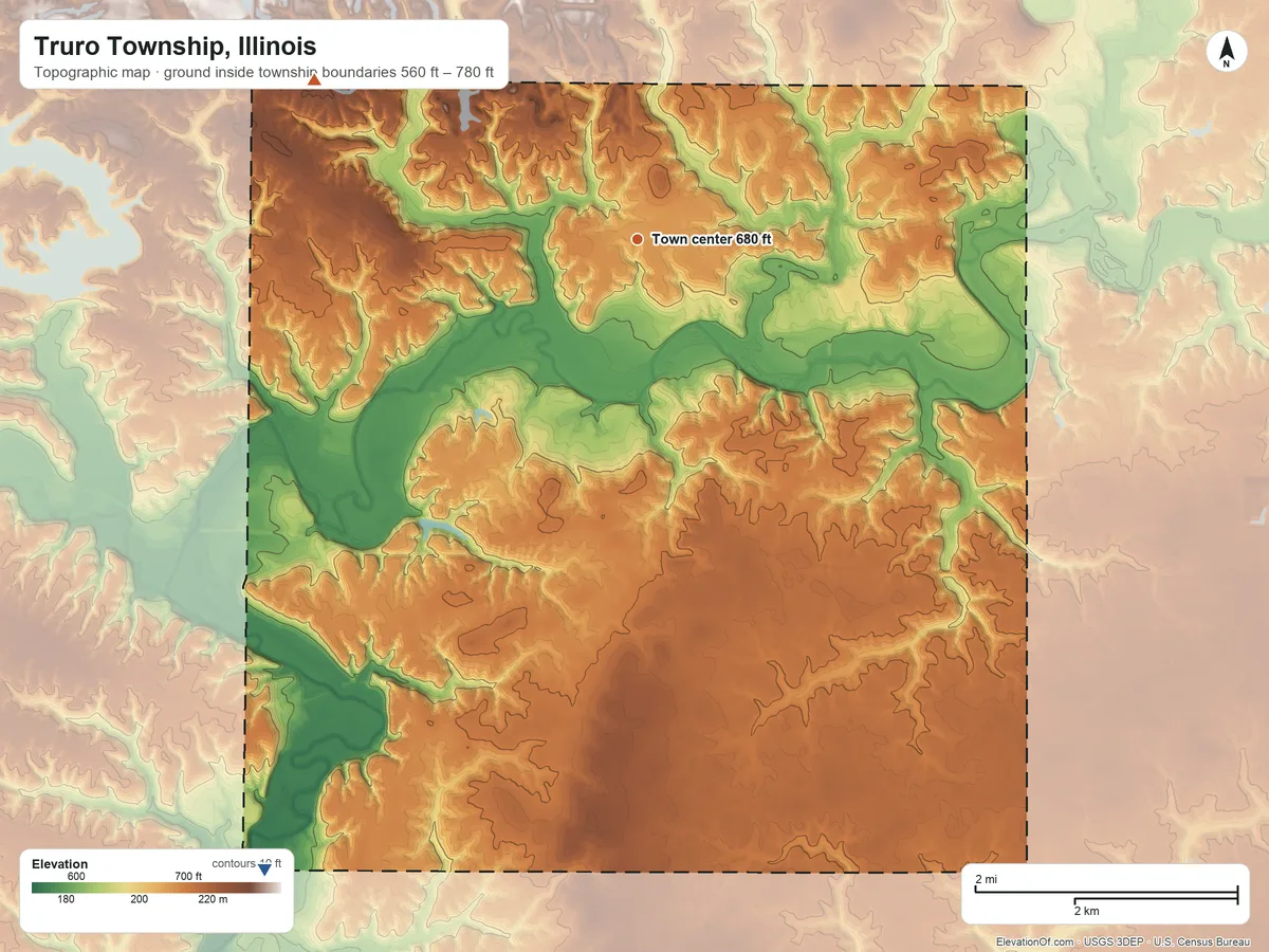 Topographic elevation map of Truro Township, Illinois, shaded from 560 ft on the southwest side to 780 ft on the northwest side
