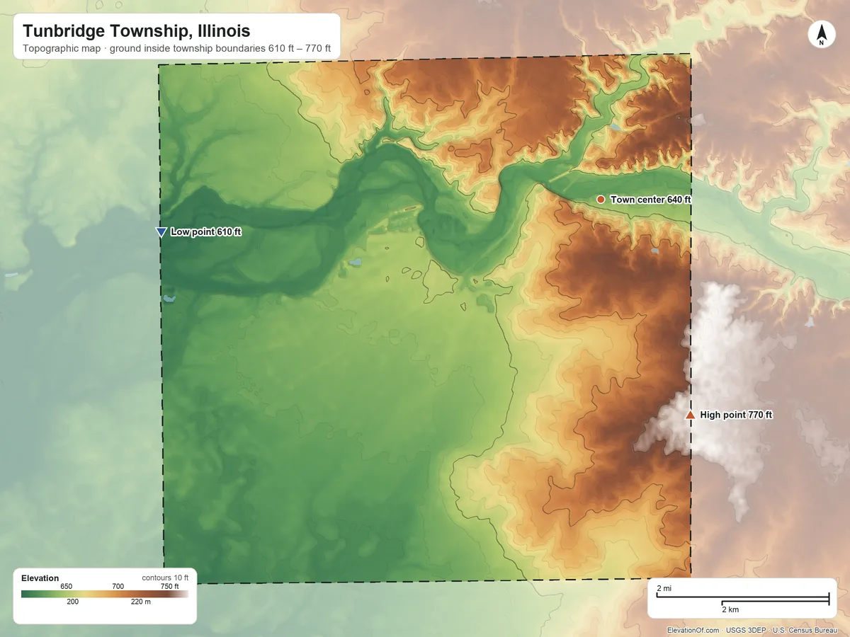 Topographic elevation map of Tunbridge Township, Illinois, shaded from 610 ft on the west side to 770 ft on the southeast side