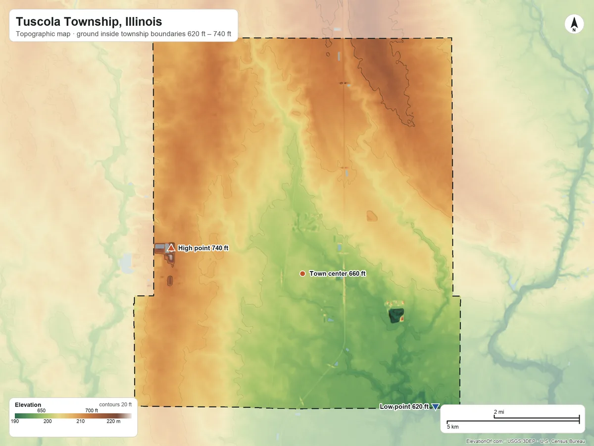 Topographic elevation map of Tuscola Township, Illinois, shaded from 620 ft on the southeast side to 740 ft on the west side