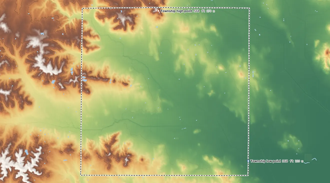 Topographic elevation map of Twigg Township, Illinois, shaded from 360 ft on the southeast side to 560 ft on the north side