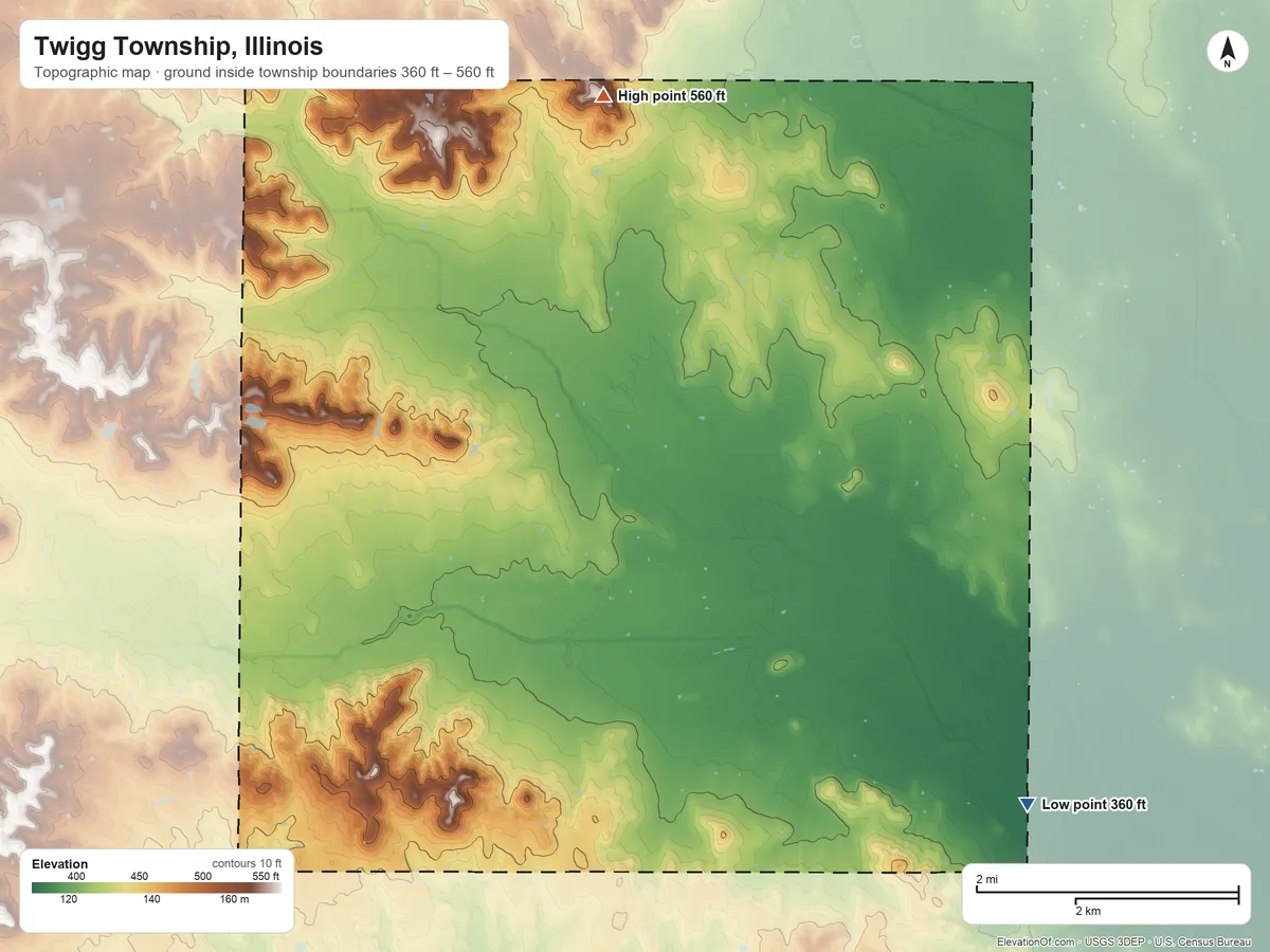 Topographic elevation map of Twigg Township, Illinois, shaded from 360 ft on the southeast side to 560 ft on the north side