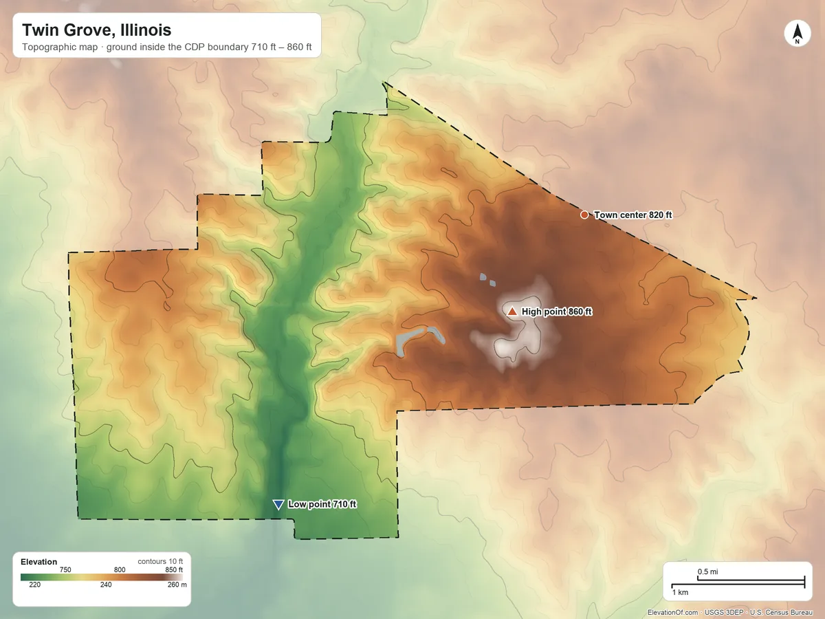 Topographic elevation map of Twin Grove, Illinois, shaded from 710 ft on the southwest side to 860 ft on the southwest side